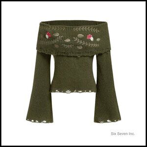 Y2K Off Shoulder Sweater Distressed Bell Sleeve Mushroom Knit Pullover Vintage